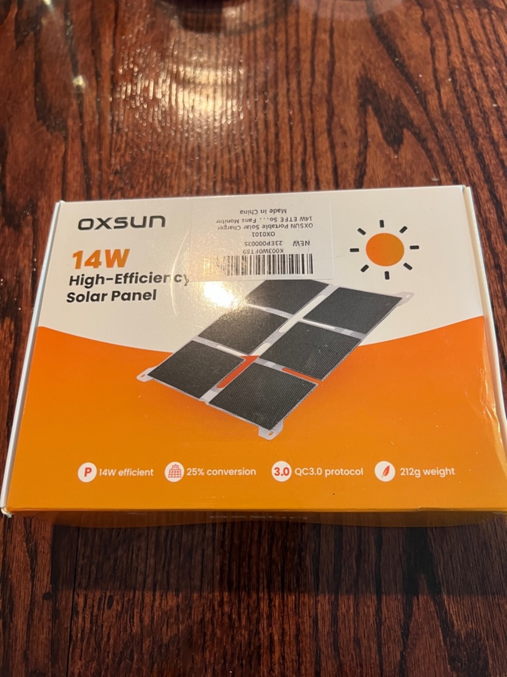 Never opened, OXSUN 14W High-Efficiency Solar Panel - Orange and White Box